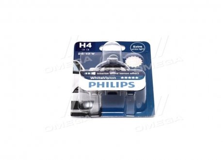 Лампа накаливания H4 WhiteVision 12V, 60/55W, P43t-38, (+60) (4300K) 1шт. blister (Philips) 12342WHVB1 (фото 1)